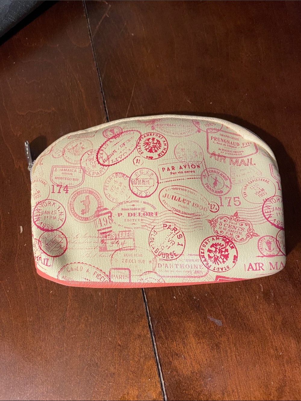 Ipsy Stamped Passport Print Cosmetic Pouch in Cream and Pink